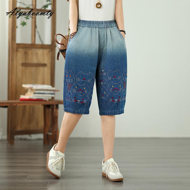 Korean Fashion Summer Women Denim Capris High Waist Contrast Color Embroidery Cartoon Short Jeans Cute Cat Pattern Casual Loose Capris