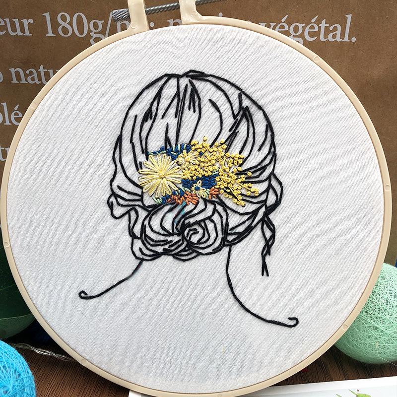 1pc Women's Hair and Flower Pattern Embroidery DIY Fabric Craft Kit Creative Craft Sewing