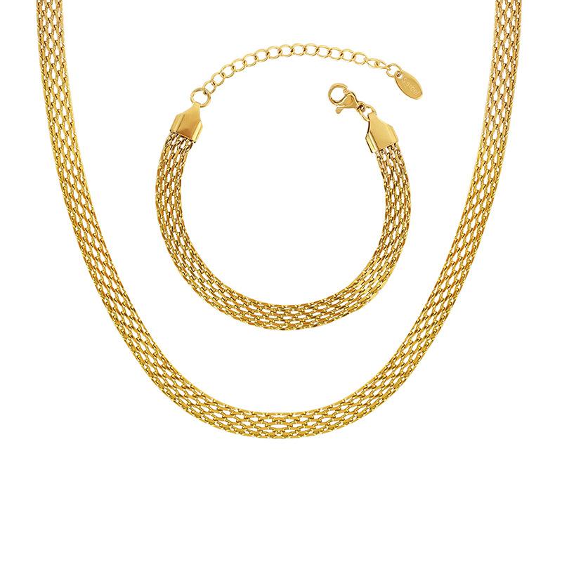 European and American Simple Hollow Wide Necklace Bracelet Set Trendy Mesh Clavicle Chain Titanium Steel Color Retention Advanced Versatile