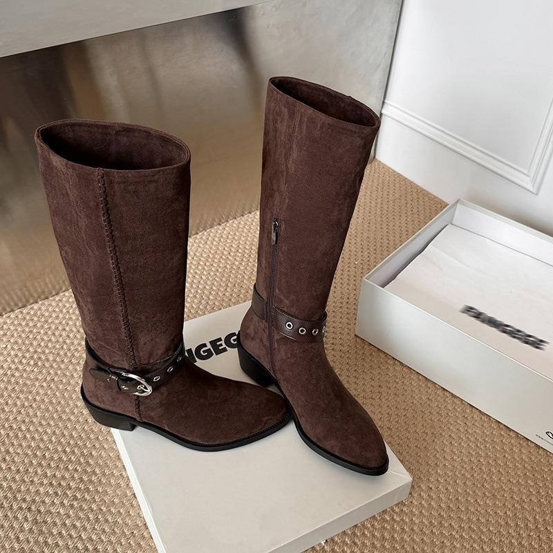

Coarse Heel Western Pile Boots Women s 2025 Autumn New Belt Buckle Versatile Coarse Heel Round Head Fashion Boots 39 темно-коричневого