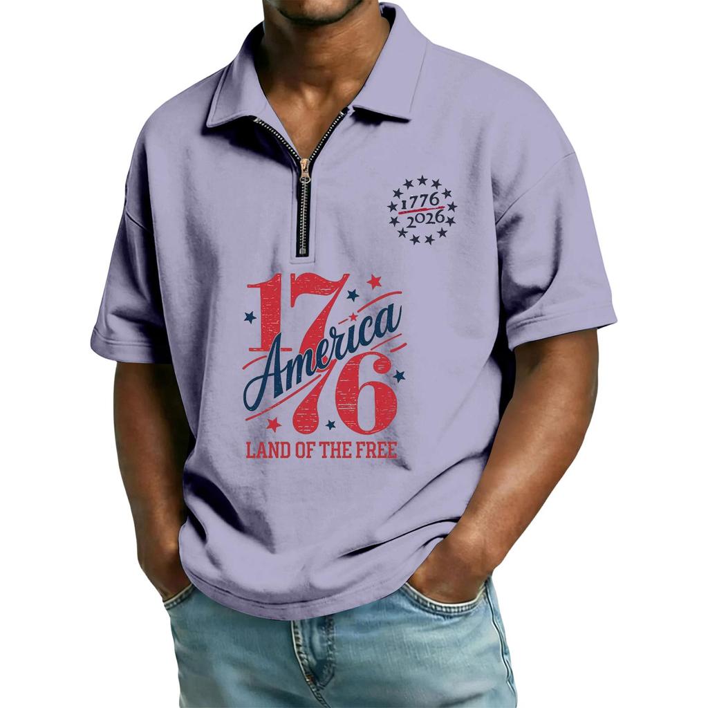 Men's Casual Loose Fit Polo Shirt Short Sleeve Zipper Front Independent Day Printed Design Comfortable Lightweight Top