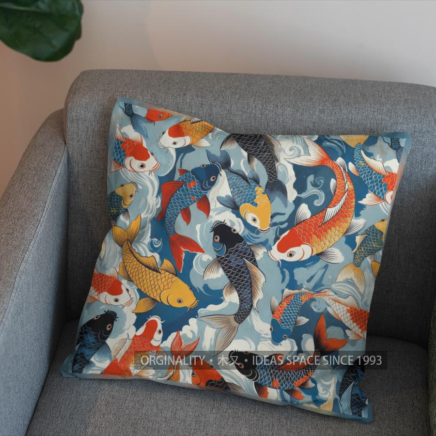 2D Colorful Koi Fish Wave Pattern Pillow Cover Pattern Cushion Cover Suitable For Sofa Bedroom Car Pillow Cover