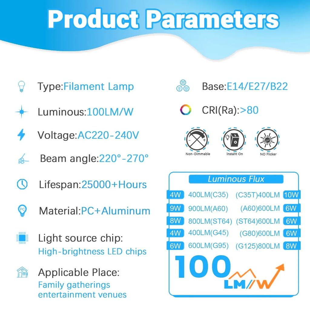 6PCS LED Filament Light Bulb Retro Edison E27 E14 B22 4000K 2700K 220V A60 G45 C37 Vintage Ampoule Incandescent Bulb Edison Lamp