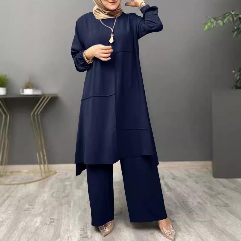 Muslim Women's Urban Sportswear: Elegant Puff Sleeve Shirt & Wide Leg Pants Set