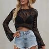 Summer New Knitted Sweater Horn Sleeves Loose Round Neck Hollow Sweater Women