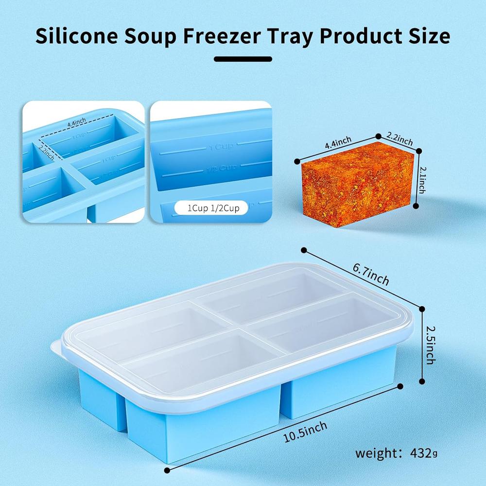 1 Cup Silicone Freezer Trays with Lid, Soup Freezer Trays & Molds & Containers,Large Silicone Ice Cube Tray For Freezing