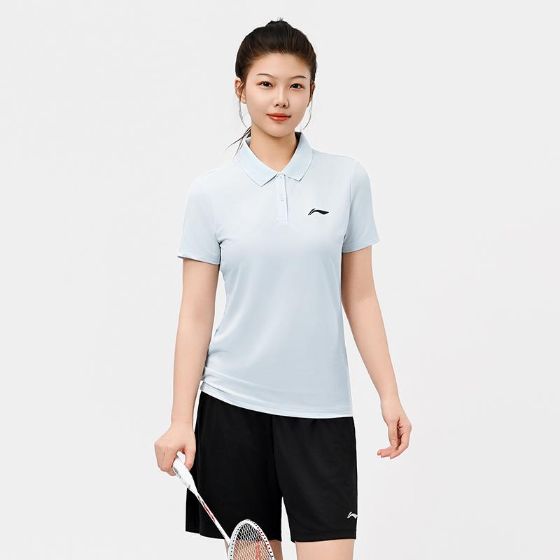 Li Ning Badminton Series Simple Elegant Slim Lightweight Breathable Casual Versatile Polo Shirt T-Shirt Women tops Sky-Blue APLR126-8