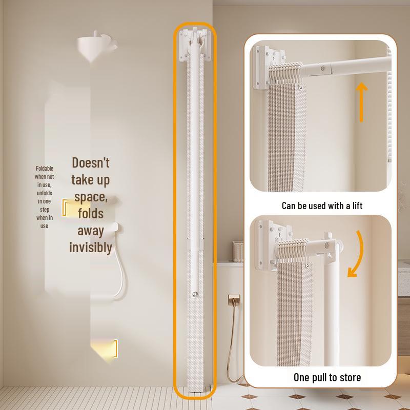 Durable Linen-Like Folding Shower Curtain with Telescopic Rod for Bathroom Optimization