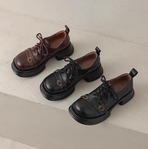 

2025 spring new single shoes big head metal versatile loafers women s British style small height increase lace-up small leather shoes 35 чёрный