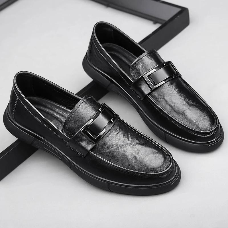 Fashion New Metal Buckle Loafers for Men Brown Business Leather Shoes Soft Soled Casual Walking Moccasin Brand Comfortable Driving Shoes