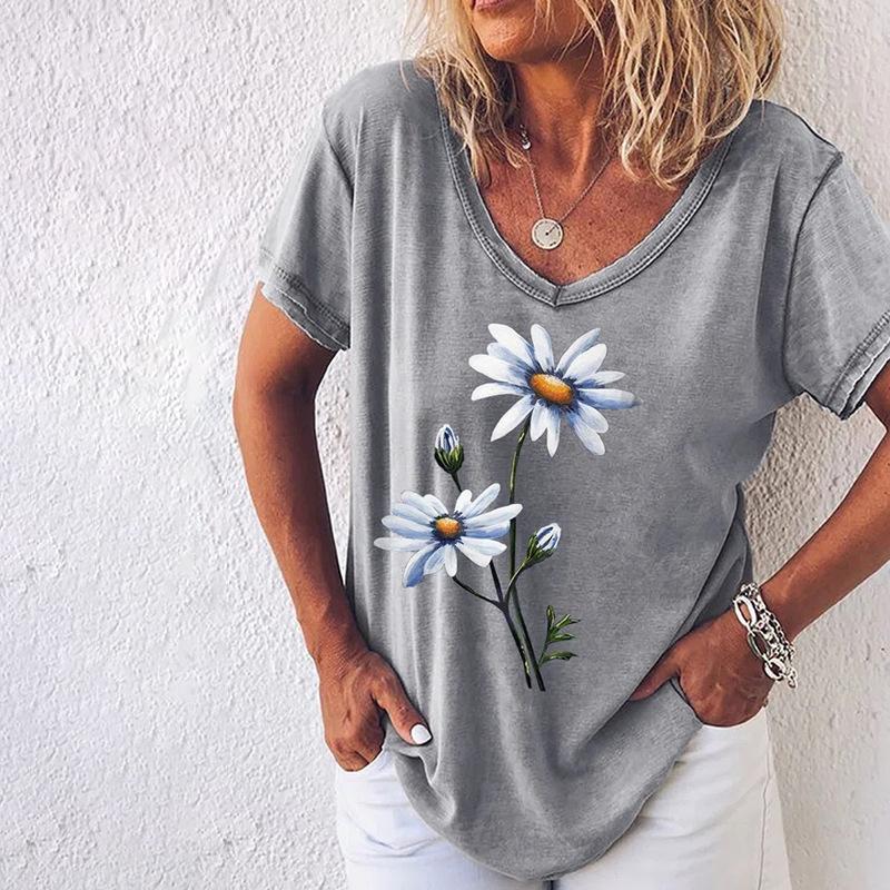 Damen T-Shirt mit Print, Künstlerisches Kurzarm-V-Ausschnitt Sommeroberteil, Stilvoll und Trendig