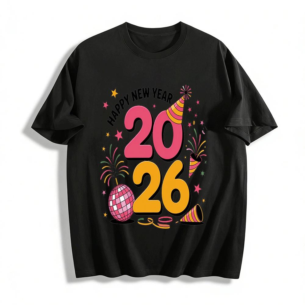Happy New Year 2026 Party Print Casual Top Pure cotton T-shirt XXS
