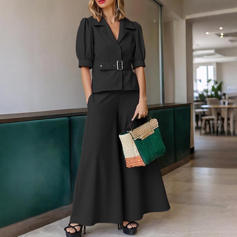 

ZANZEA Женская блузка с коротким рукавом и брюки с широкими штанинами, повседневные костюмы-двойки S чёрный