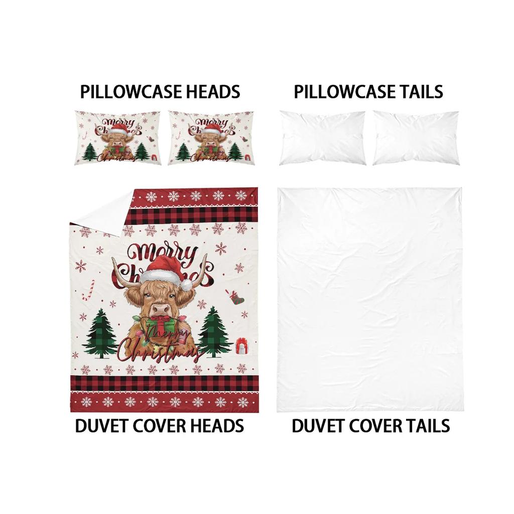 3Pc Christmas Highland Cow Print Coreless Holiday Bedding Set Soft Comfortable Bedroom Dormitory Multiple Sizes Machine Washable