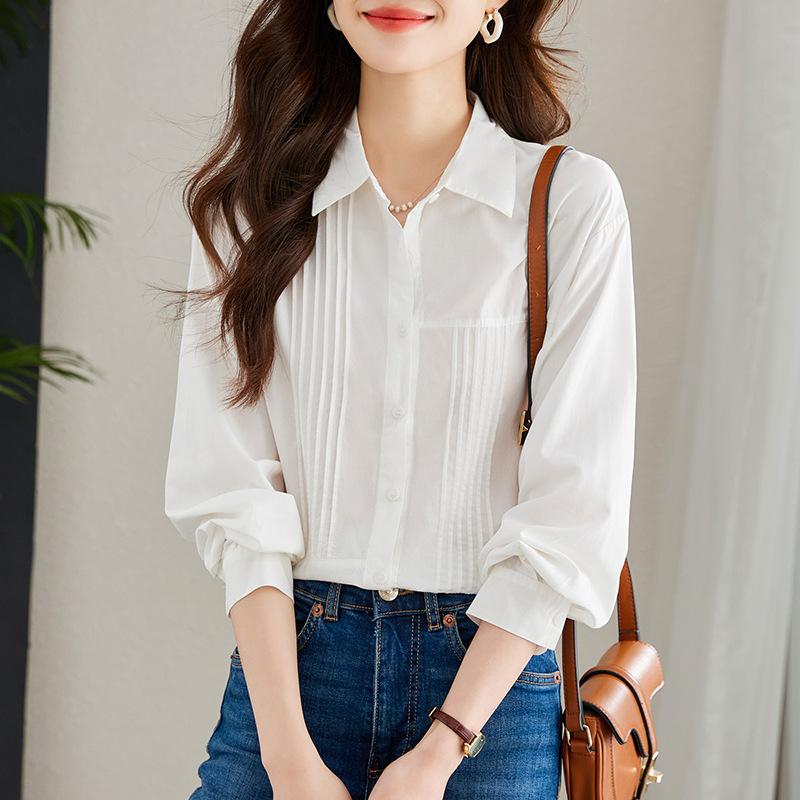 

Маленькая свежая плиссированная белая рубашка для женщин с длинным рукавом, весенний наряд, новый дизайн, нишевый, литературный, из чистого хлопка топ XXL