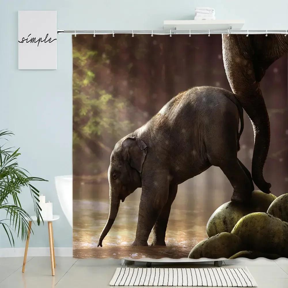 Elephant Shower Curtain Africa Wildlife Forest Natural Scenery Home Bathroom Wall Decor With Hook Waterproof Polyester Screen
