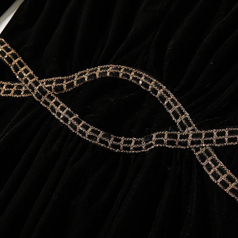 Podzim Zima Dámské Vintage Černé Korálkové Řetízkové Sametové Společenské Šaty