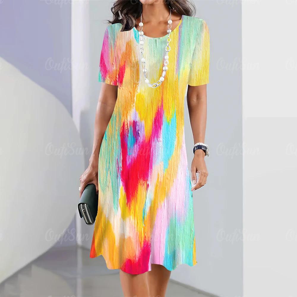 

Women Dresses Summer Women s Dresses Tie-Dye Print Travel Party Vintage Dresses Elegant Casual Loose Short Sleeve Sundress S