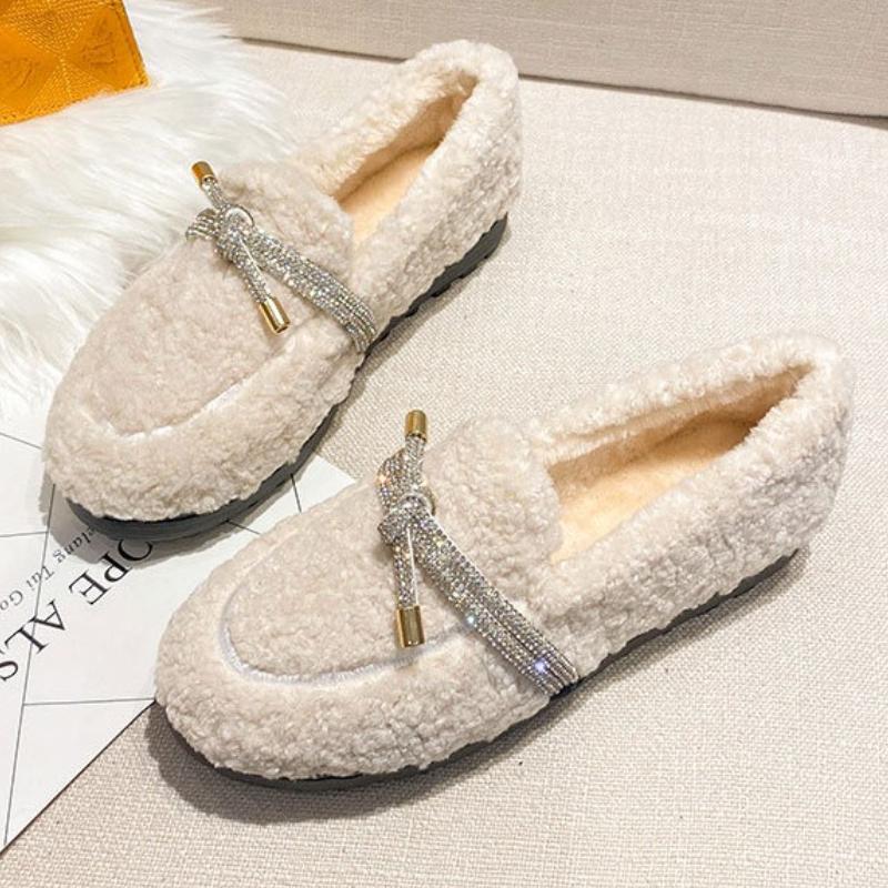 Fashion Luxury Crystal Bow Decoration Brand Designer Shoes Comfortable Flurry Loafers Women Winter new Warm Non-slip Flat Casual Shoes