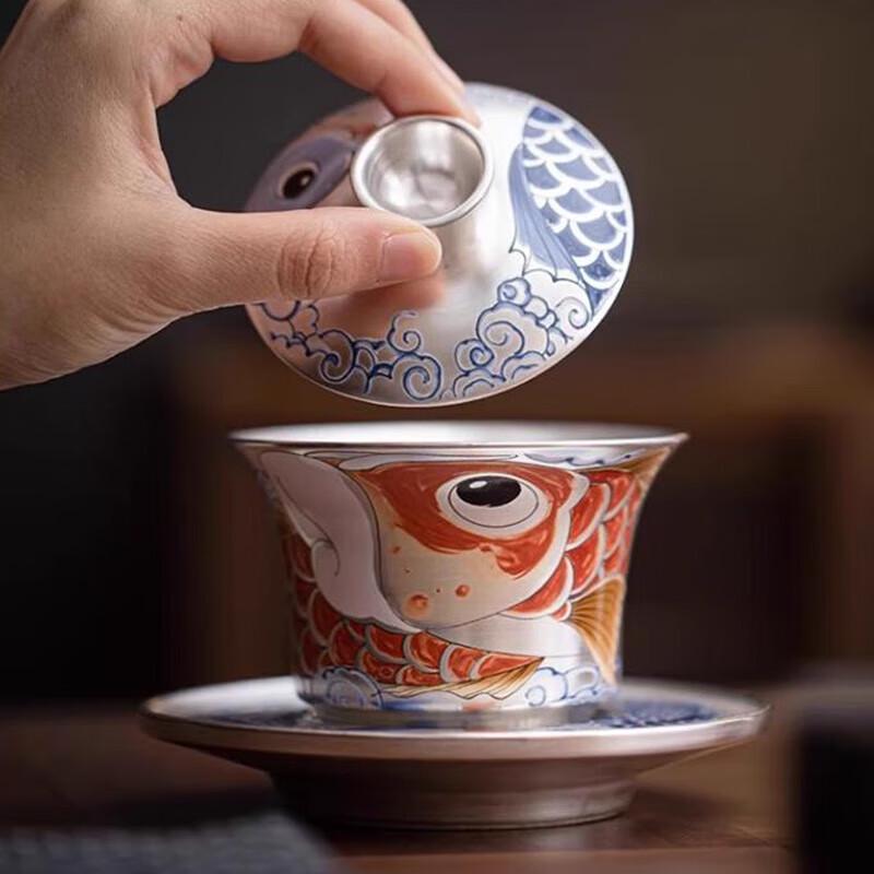 Gilded Silver Auspicious Dragon Ceramic Gaiwan Tea Cup, 160ml