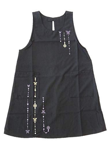 Hanae Mori Brand Apron [HANAE MORI] [Wrinkle-Resistant Even After Washing] Polyester Kitchen Apron with Butterfly Embroidery, 67338 (Black)