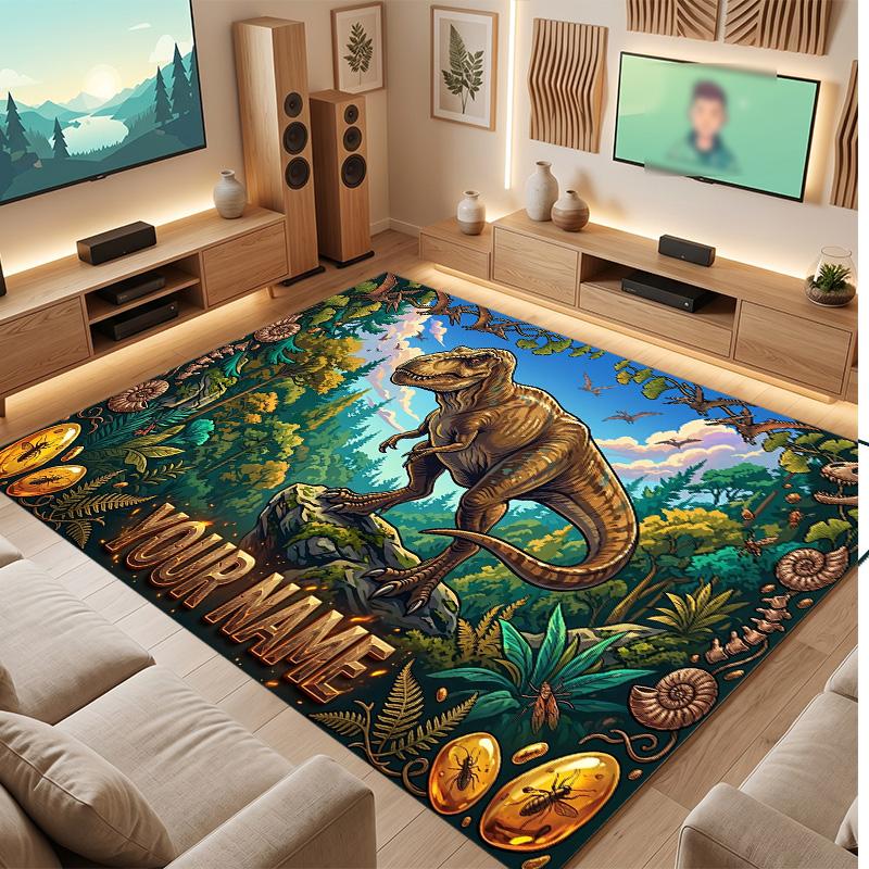 Dinosaur Theme Soft Crystal Velvet Rug Custom Name & Text Print Non Slip Floor Rug for Bedroom Living Room
