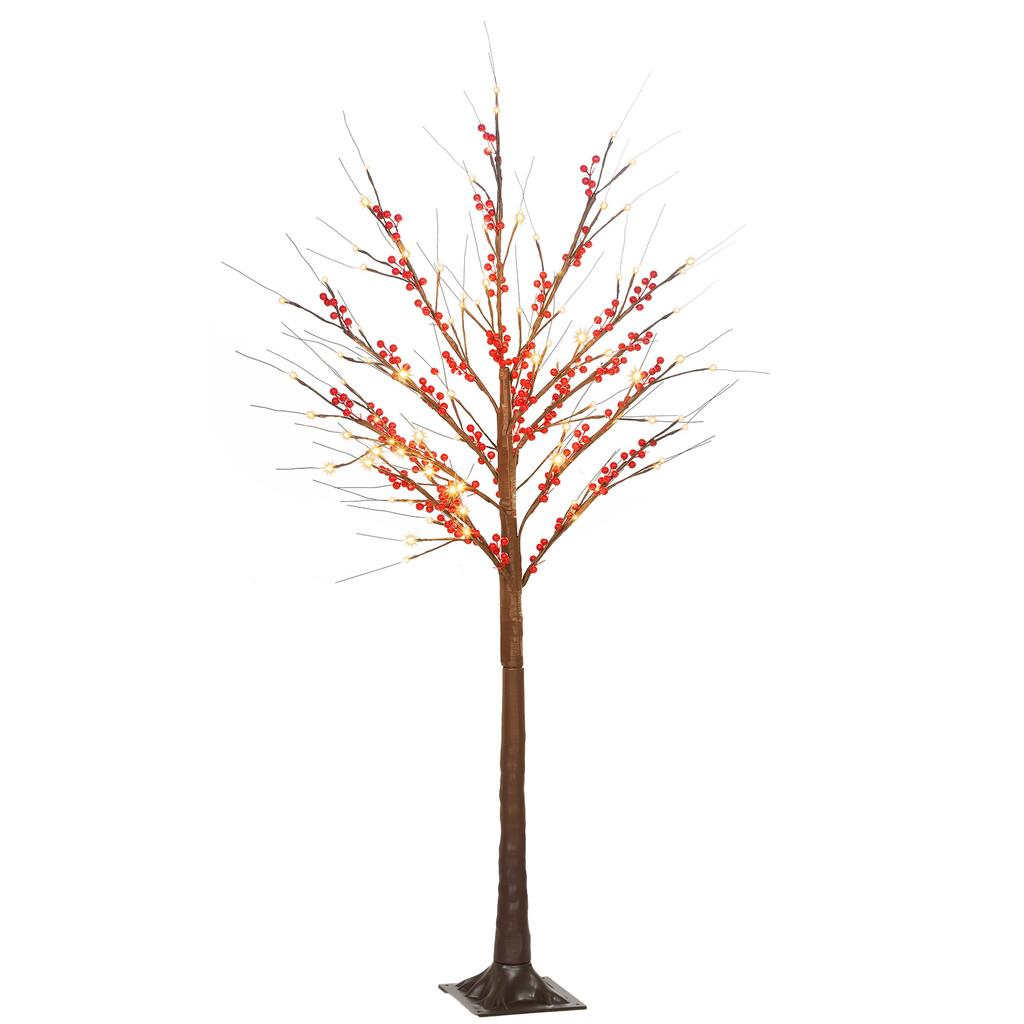 Artificial Birch Tree 150 cm with 96 Warm White LED Lights Red Berries Timer and 12 Flexible Brown Branches