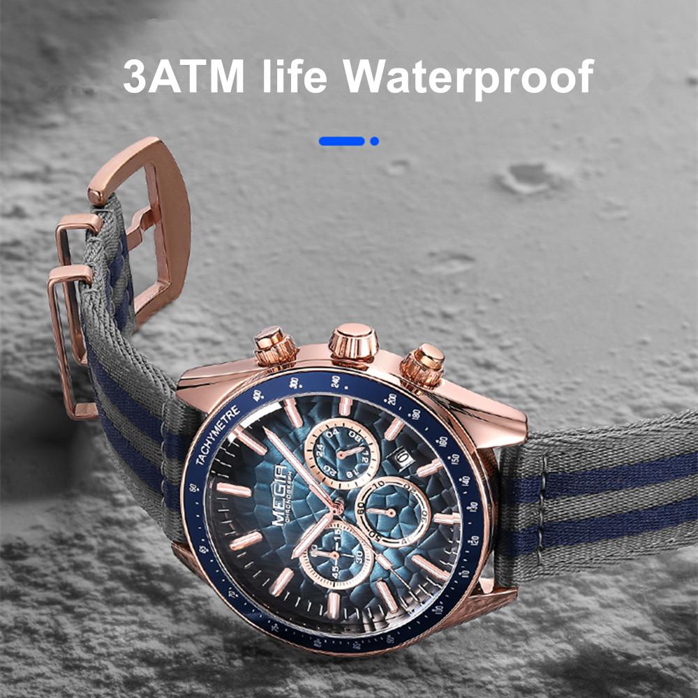 MEGIR Men's Sport Chronograph Watch, Outdoor Casual Quartz Wristwatch, 3ATM Water Resistance, Striped Canvas Band, Date Display