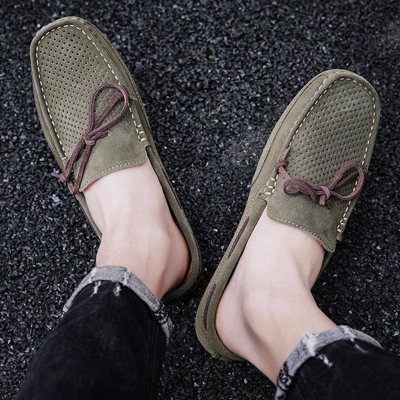 Summer Suede Leather Mules Men Backless Loafers Slippers Slip on Flats Green Casual Shoes Half Shoes for Men Large Size 46 47