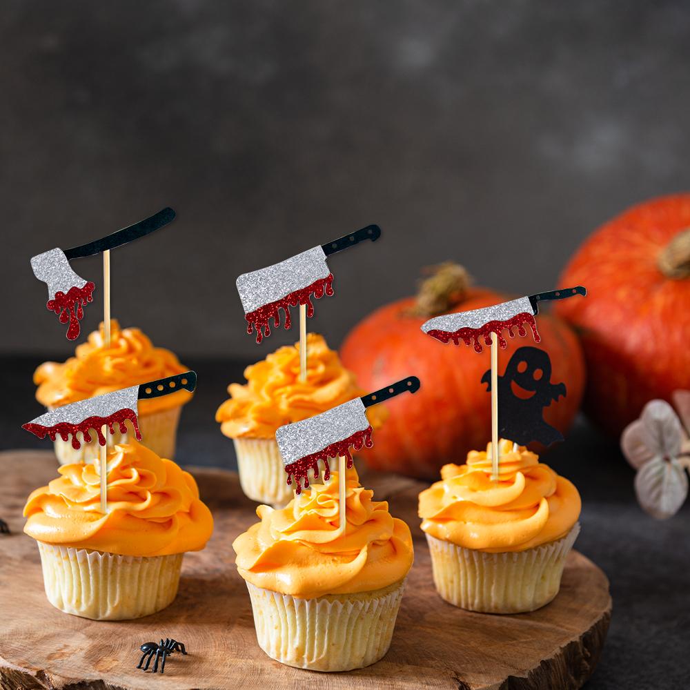 12/24pcs Glitter Bloodstain Knife Cupcake Topper Halloween Cake Decor Halloween Party Decoration Food Baking Bread Fruit Picks