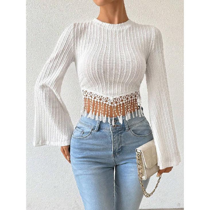 New Women'S Artistic And Elegant T-Shirt With Autumn And Winter Tassel Design And Flared Sleeves Short Top