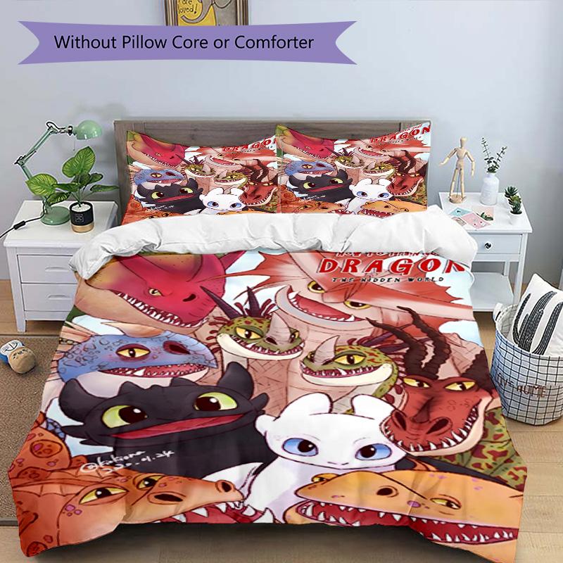 3pcs Duvet Cover Set (1*Duvet Cover + 2*Pillowcase, Without Core), How to Train Your Dragon Print Bedding Set, Bedroom Decor, All‑Season, Birthday Gif