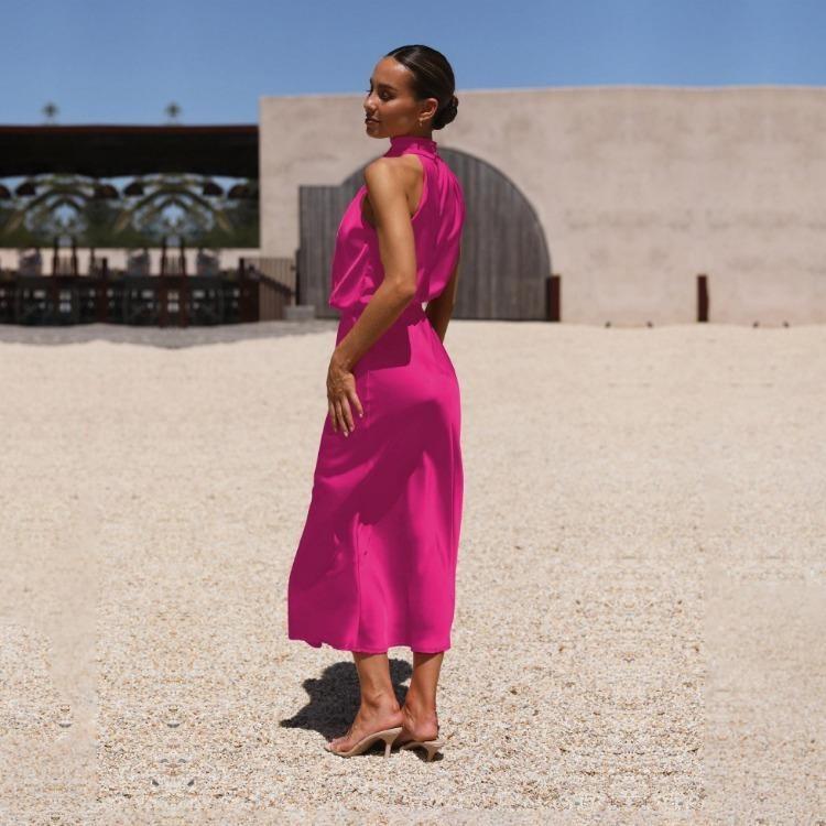 Elegant Women Summer Halter Sleeveless Long A-Line High Waist Solid Color Evening Dresses