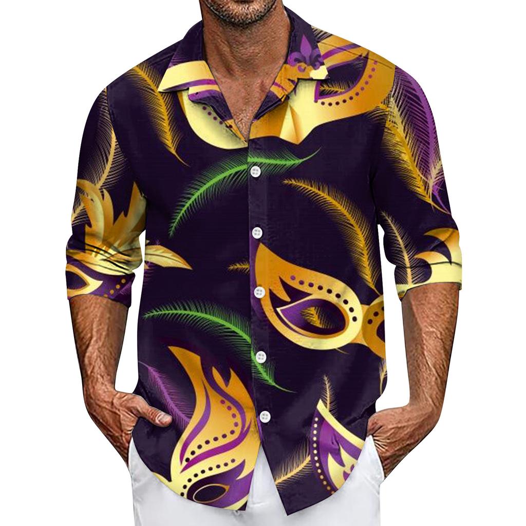 Men's Summer New Loose Print Long Sleeve Shirt Cardigan Beach Shirt