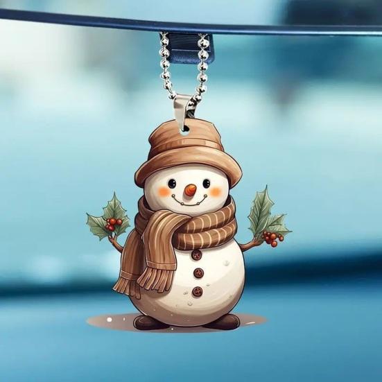 Artistic Snowman Figurine Charm Cute Acrylic Pendant, 2D Flat Car Rearview Mirror Hanging Holiday Pendant Decoration with Keychain Ring, Christmas
