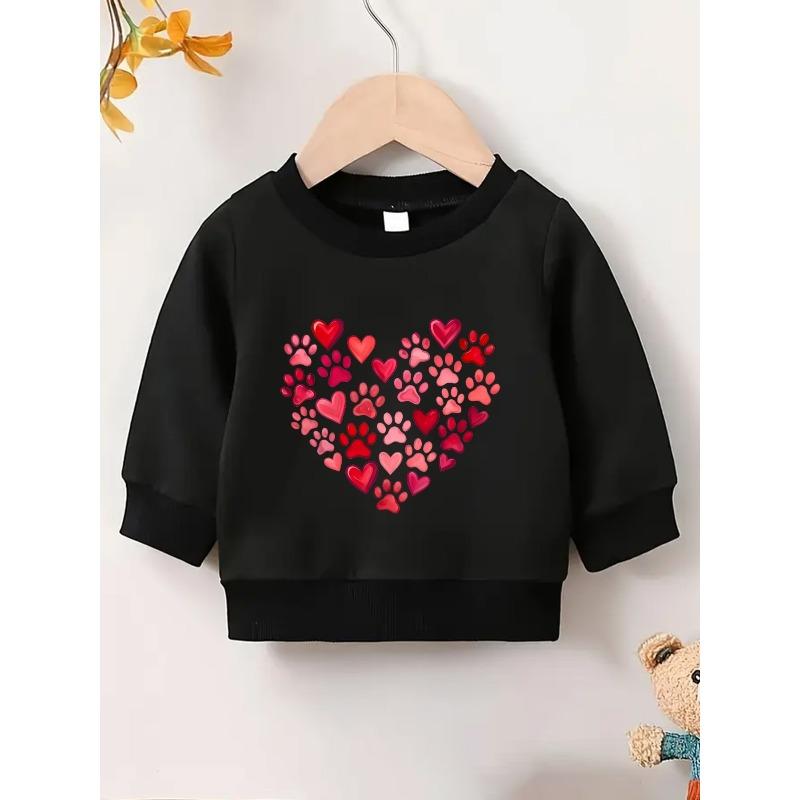 European Sizes Cute Heart Paw Print Pattern Kids' Spring Round Neck Sweatshirt 0-3 Years Comfortable Thin Design Suitable for Outdoor Wear
