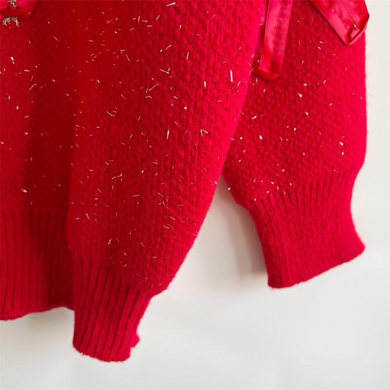 New Autumn/winter Christmas Sweater Women's Ribbon Gold Thread Jacquard Deer Round Neck Thick Knit Pullover