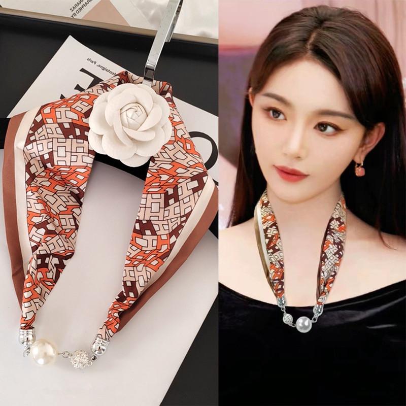 New Luxury Design Magnetic Pearls Button Silk Scarf Women Summer Neck Ornament Silk Scarves Lady Shirt Sunscreen Decoration Gift