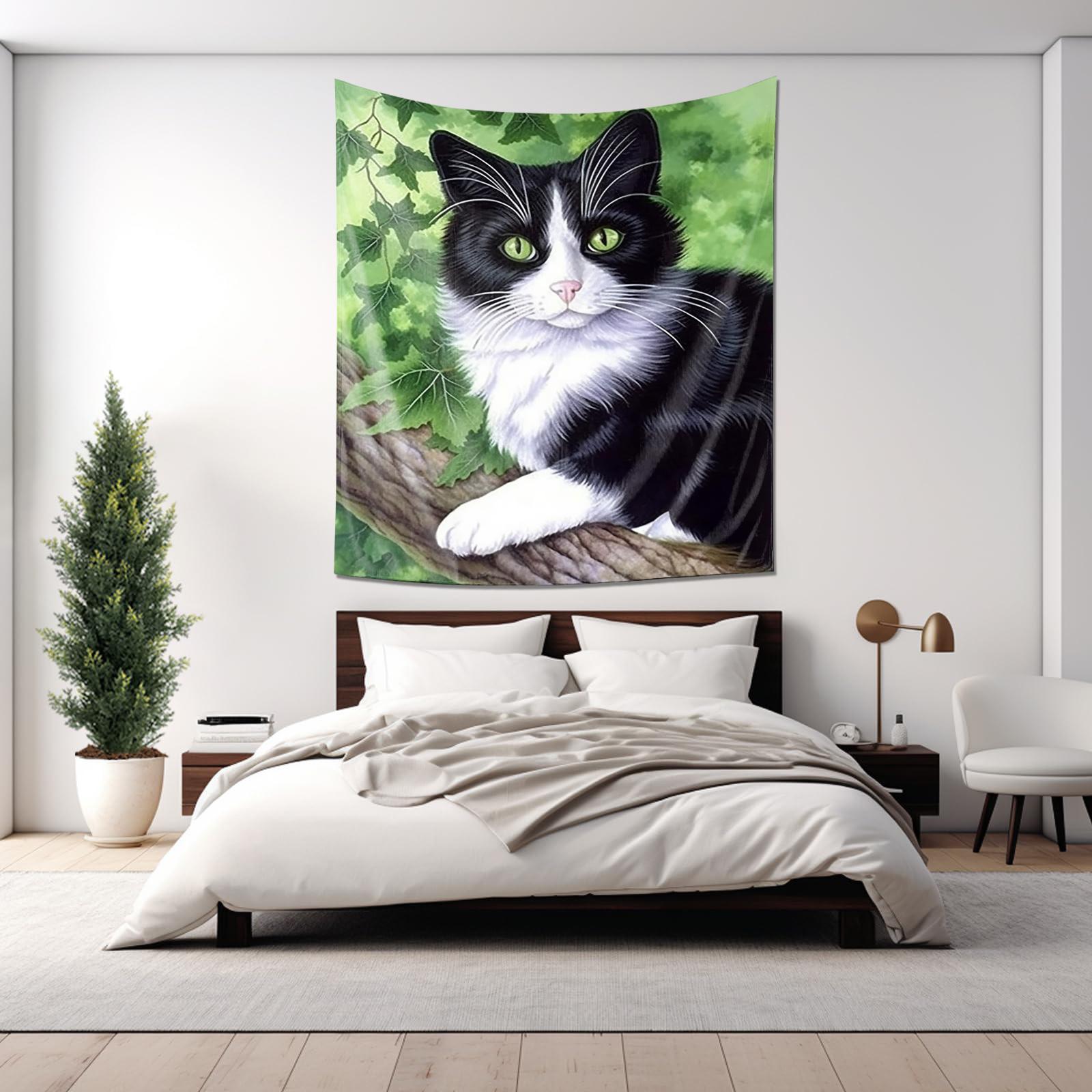 

Elegant CowPatterned Cat Tapestry Black White Green Leaf Background Ideal Home Decor 74x94cm(29x37in)