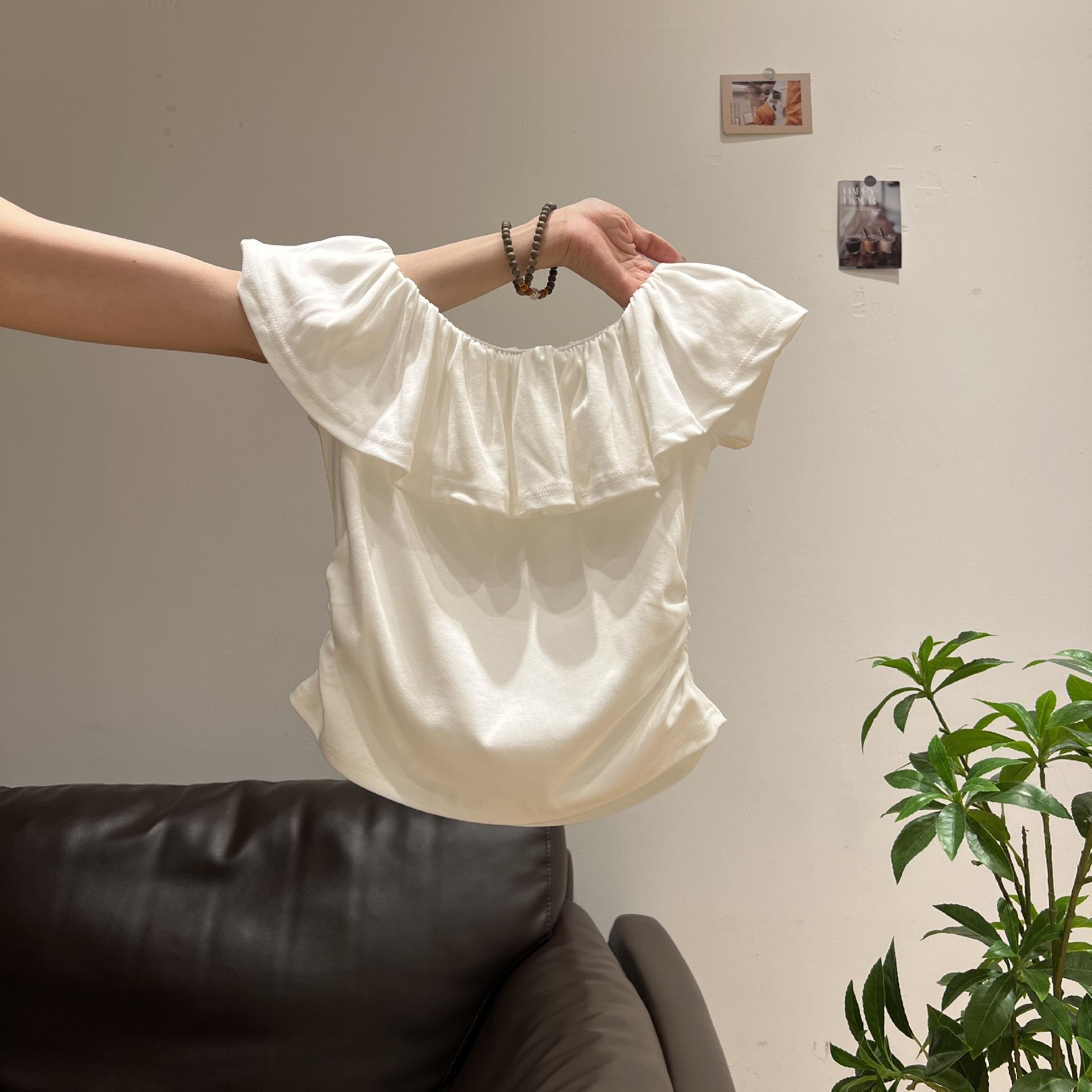 

Lotus leaf edge one-word collar off-the-shoulder design short-sleeved T-shirt women s summer new pleated waist and thin niche top S белый