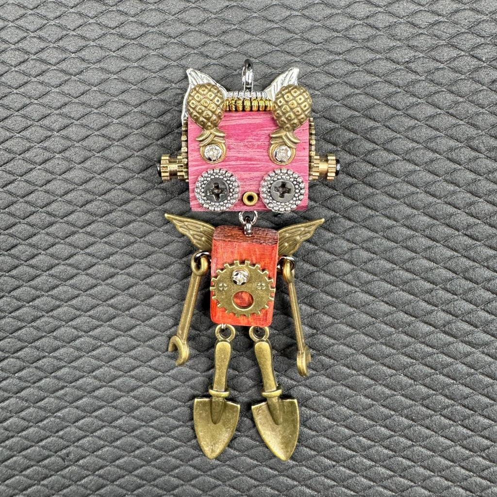 Handmade Punk Robot Pendant Wooden Head Body Hammer Shovel Axe Microphone Badminton Racket Keychain Necklace Pendant