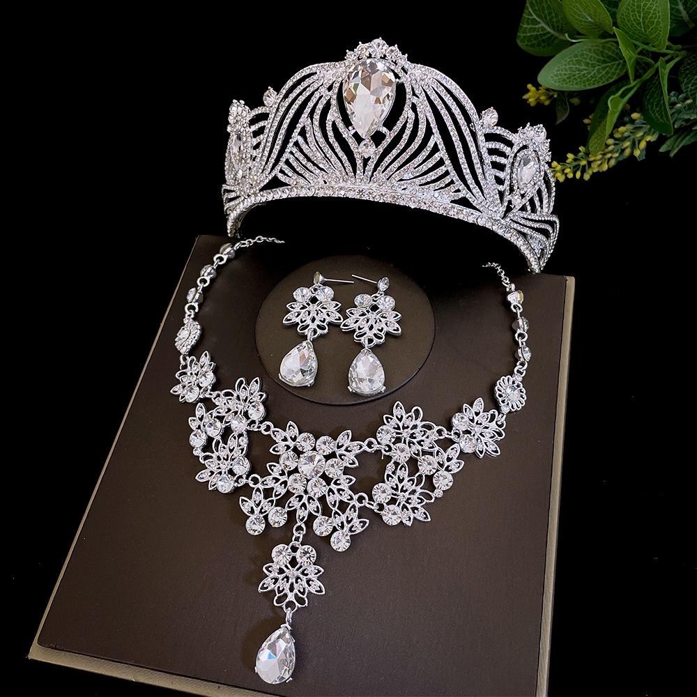 Silver Bride's Crown Three Piece Set Wedding Crown Headwear Necklace Earrings Korean Style Super Fairy Wedding Dress Matching