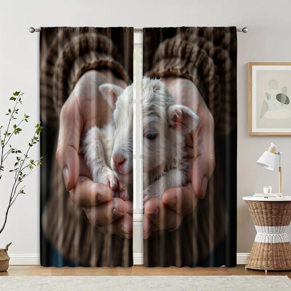 

Set Of 2 Filtering Curtains Excluding Rods Non Movable Without Batteries Serene Lamb Hand Use Bedrooms Living Curtain For Master Bedroom Made W100*H70(CM)-Rod Pocket&2PCS