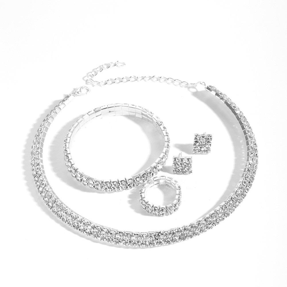 4Pcs Multilayer Necklace Bracelet Earring Ring Set Shiny Rhinestone Choker Bridal Jewelry Set Women
