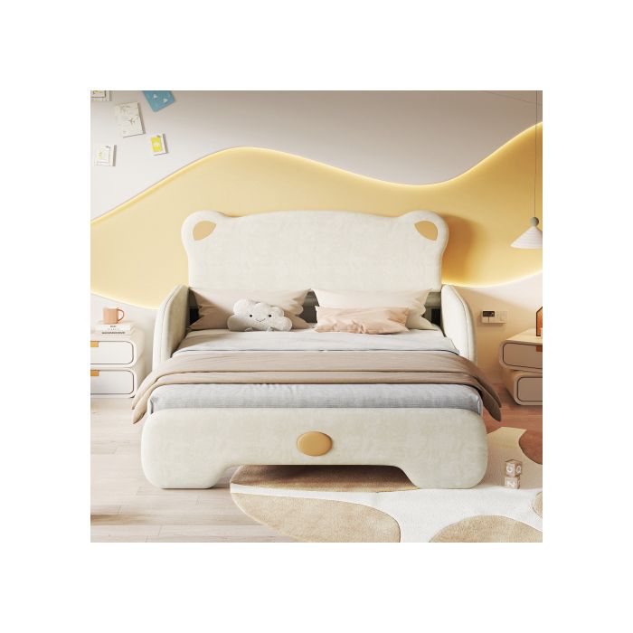 Lit Double En Forme D'ours - MUVOE - Beige - 140x200 Cm - Velours - Lattes En Bois