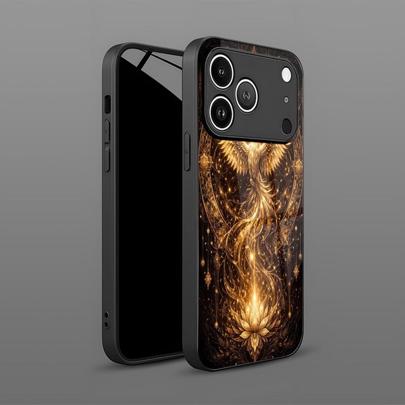 Gold Phoenix Pattern 2D Phone Case for iPhone 17 16 15 14 13 12 11 X XR XS Max Pro 8 plus - Glass Protective Cover