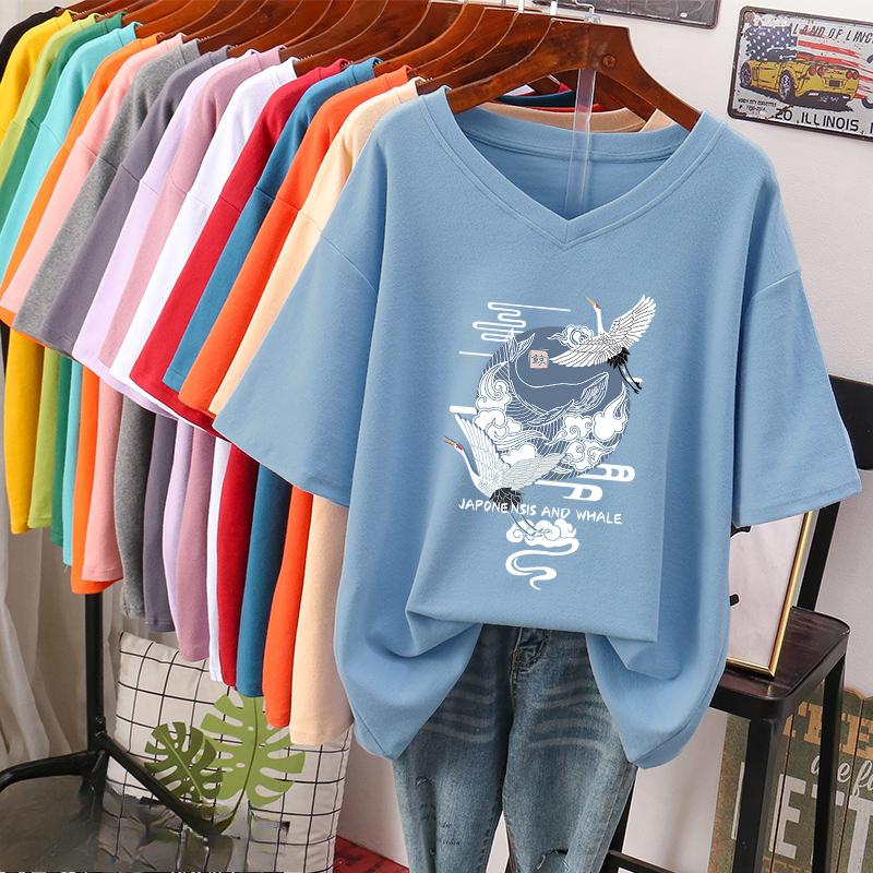 Short-sleeved T-shirt, Loose-fitting, Slimming Printed V-neck Top for Women