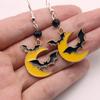Creative Gothic Yellow Drip Glaze Crescent Moon Black Vampire Bat Dangle Earrings for Women Halloween Party Cute Jewelry Gifts
