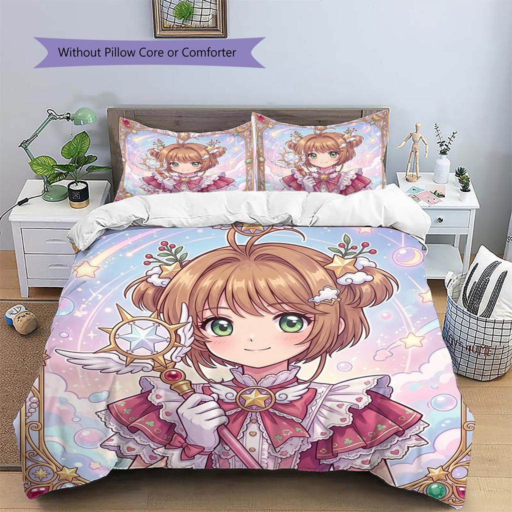 Cardcaptor Sakura Pattern Bedding Quilt Set Quilt Cover Pillowcase Home Decoration Birthday Gift (1 * Duvet Cover + 2 * Pillowcase, Without Core)