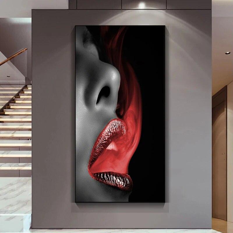 Modernaus meno interjerą piešianti moteris Seksualios raudonos lūpos, raudonos, dūminės drobės tapybos plakatas ir spaudinys svetainės sienų dekoravimui be rėmelio
